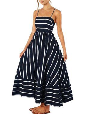 Women's Navy Blue Summer Maxi Spaghetti Strap Striped Long Dress Vacation Beach